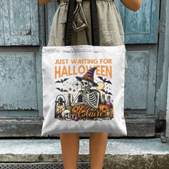 Personalized Just Waiting For Halloween Pumpkin Skull Reusable Canvas Tote Bag with Name Halloween Gift for Friend Family - OLESA
