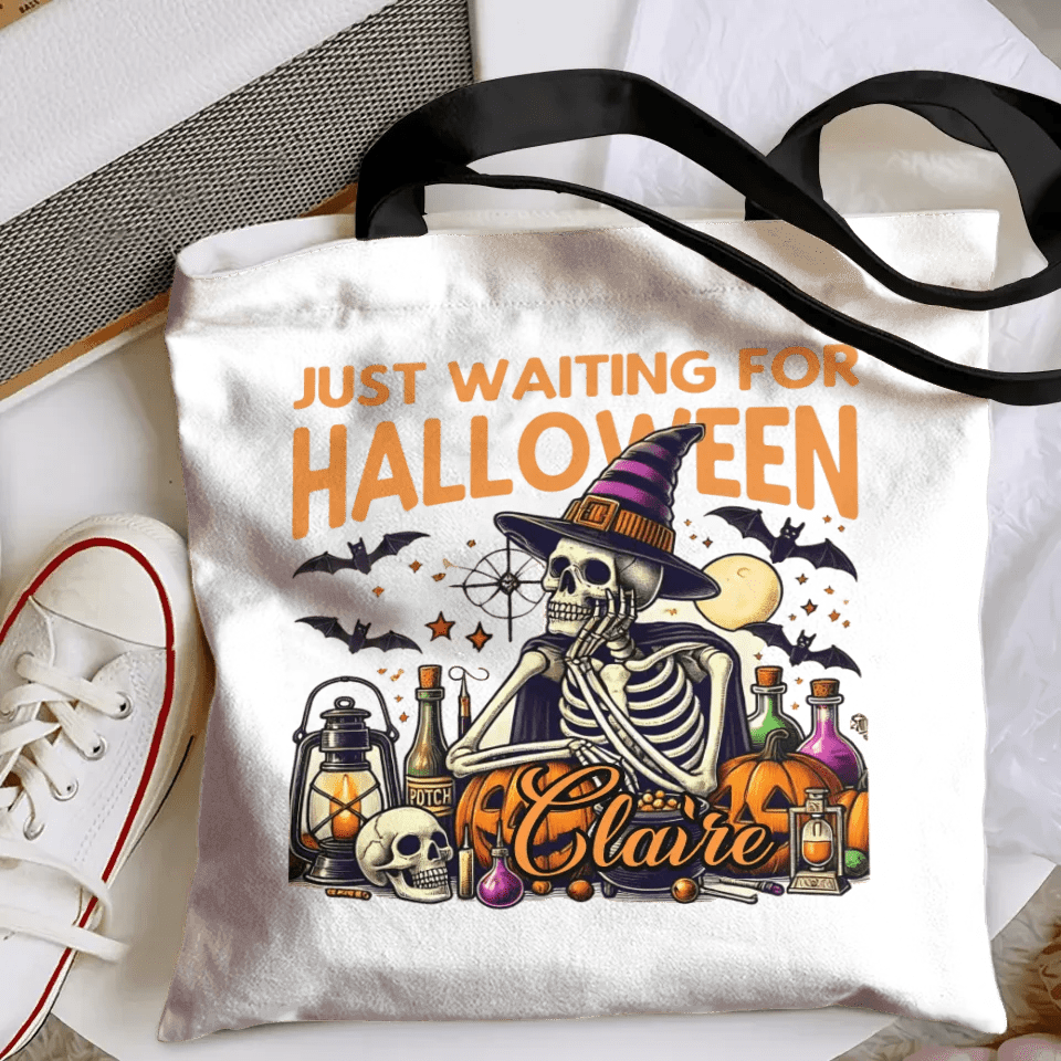 Personalized Just Waiting For Halloween Pumpkin Skull Reusable Canvas Tote Bag with Name Halloween Gift for Friend Family - OLESA