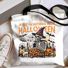 Personalized Just Waiting For Halloween Pumpkin Skull Reusable Canvas Tote Bag with Name Halloween Gift for Friend Family - OLESA