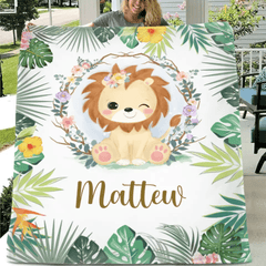 Personalized Lion Cub Wearing Flowers Blankets for Girls Boys - Customized Baby Gifts with Name - OLESA