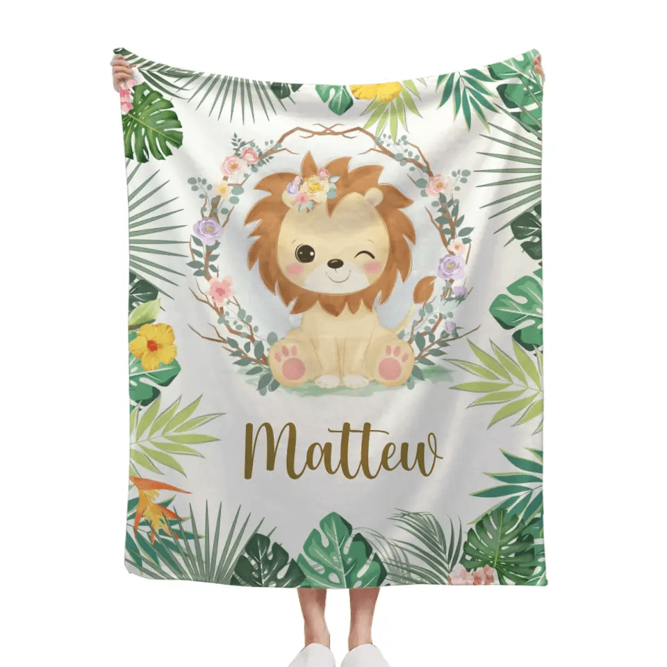 Personalized Lion Cub Wearing Flowers Blankets for Girls Boys - Customized Baby Gifts with Name - OLESA