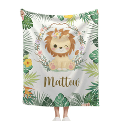Personalized Lion Cub Wearing Flowers Blankets for Girls Boys - Customized Baby Gifts with Name - OLESA
