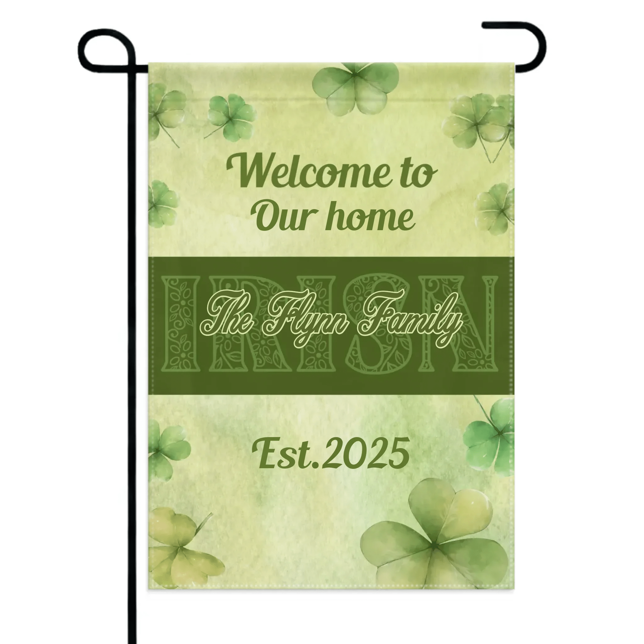 Personalized St. Patrick's Day Irish Shamrock 4 - Leaf Garden Flag with Text St. Patrick's Day Gifts for the Family - OLESA