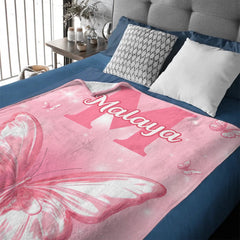 Pink Butterfly Pattern Name Custom Initials Custom Girl Blanket - A Gift For Girls - OLESA