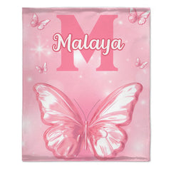 Pink Butterfly Pattern Name Custom Initials Custom Girl Blanket - A Gift For Girls - OLESA