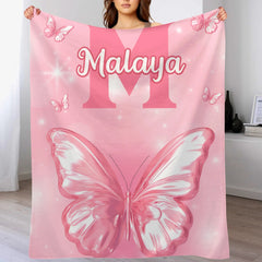 Pink Butterfly Pattern Name Custom Initials Custom Girl Blanket - A Gift For Girls - OLESA