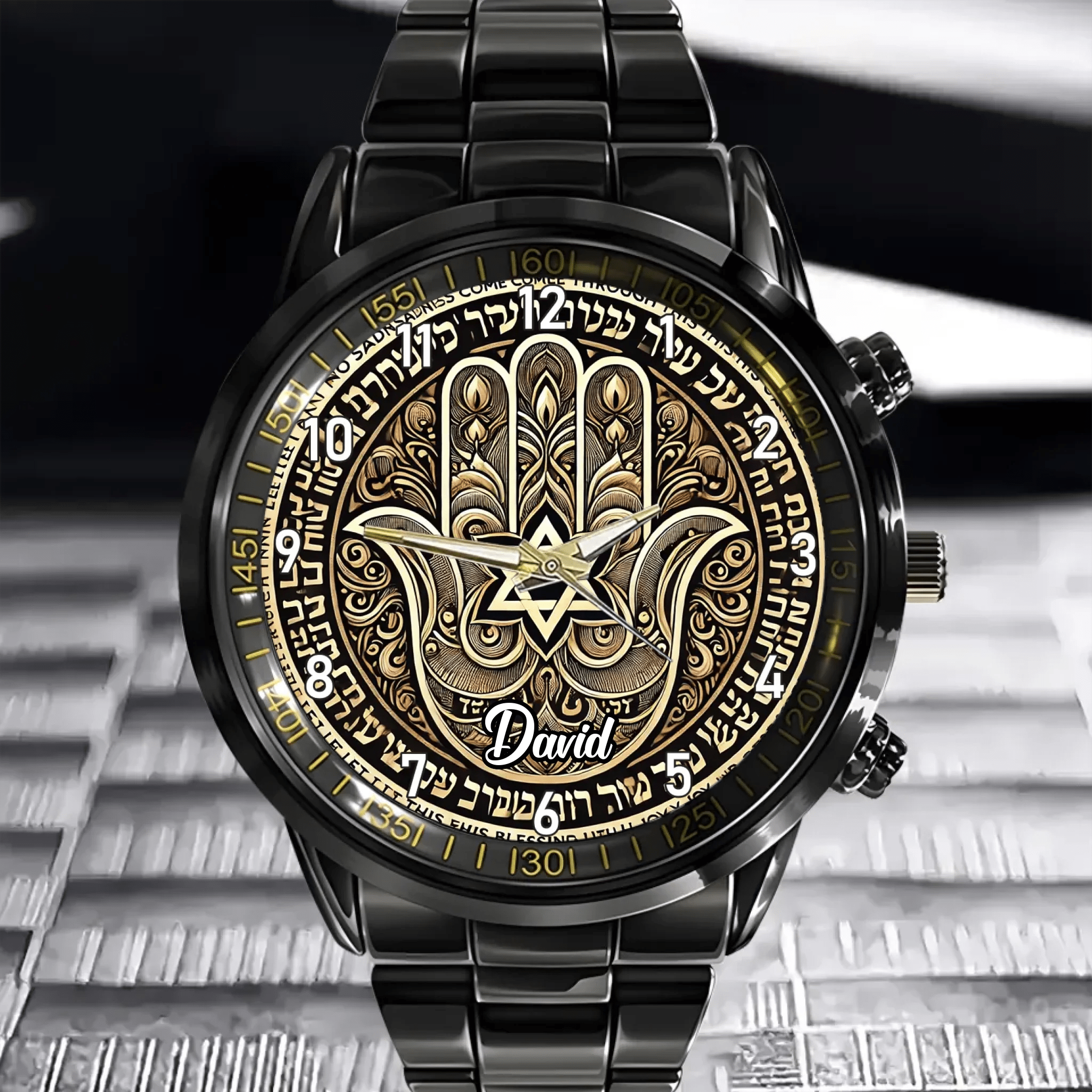Protective Hamsa Watch – Custom Name Wristwatch with Hebrew Blessings, Perfect Jewish Gift - OLESA