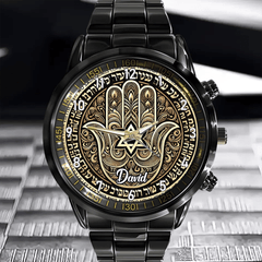 Protective Hamsa Watch – Custom Name Wristwatch with Hebrew Blessings, Perfect Jewish Gift - OLESA