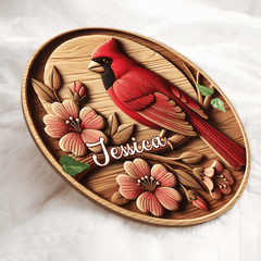 Rural - style Red Bird Custom Door Plate - Personalized Name Wooden Sign - Gift for Country Garden Enthusiast - OLESA