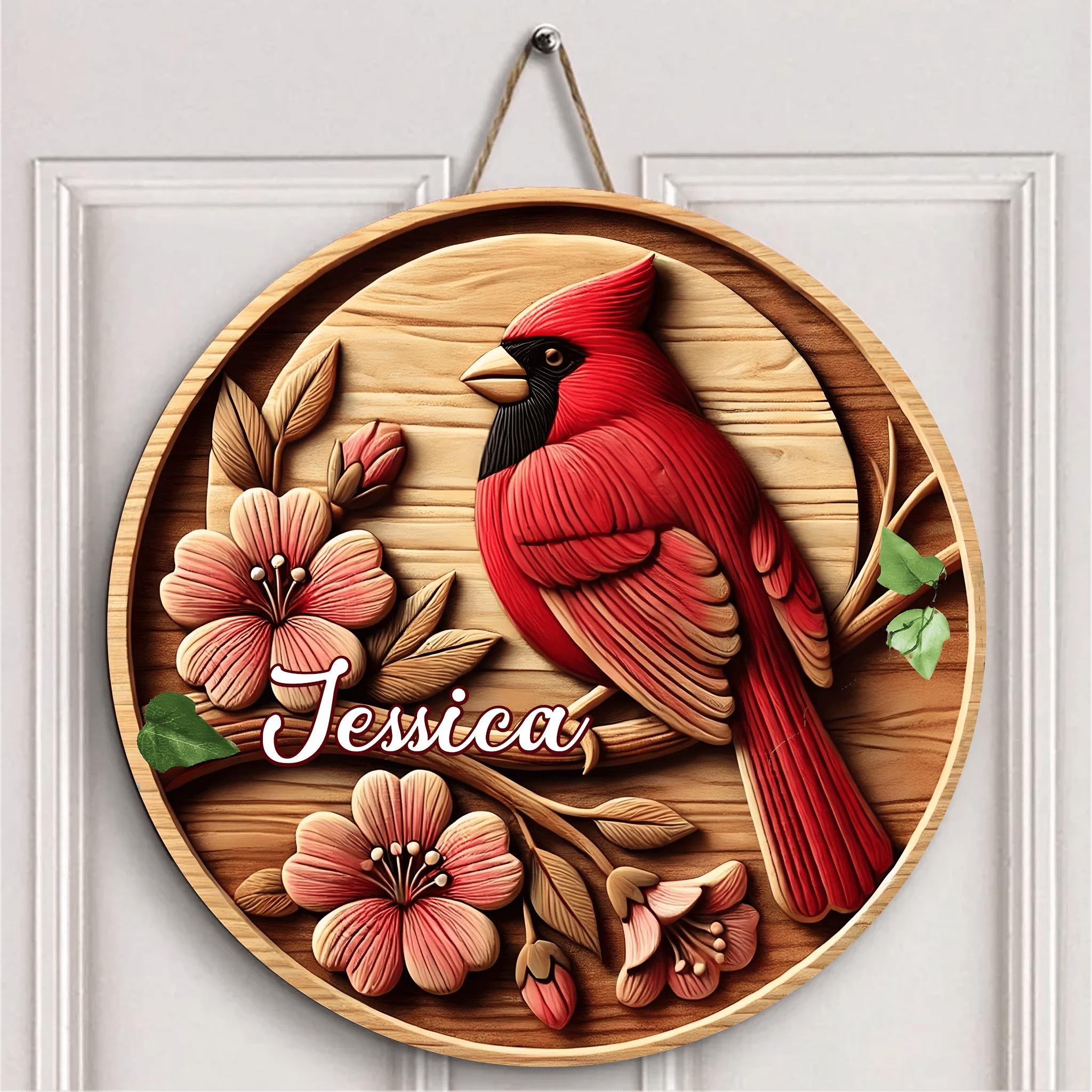 Rural - style Red Bird Custom Door Plate - Personalized Name Wooden Sign - Gift for Country Garden Enthusiast - OLESA