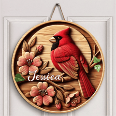 Rural - style Red Bird Custom Door Plate - Personalized Name Wooden Sign - Gift for Country Garden Enthusiast - OLESA