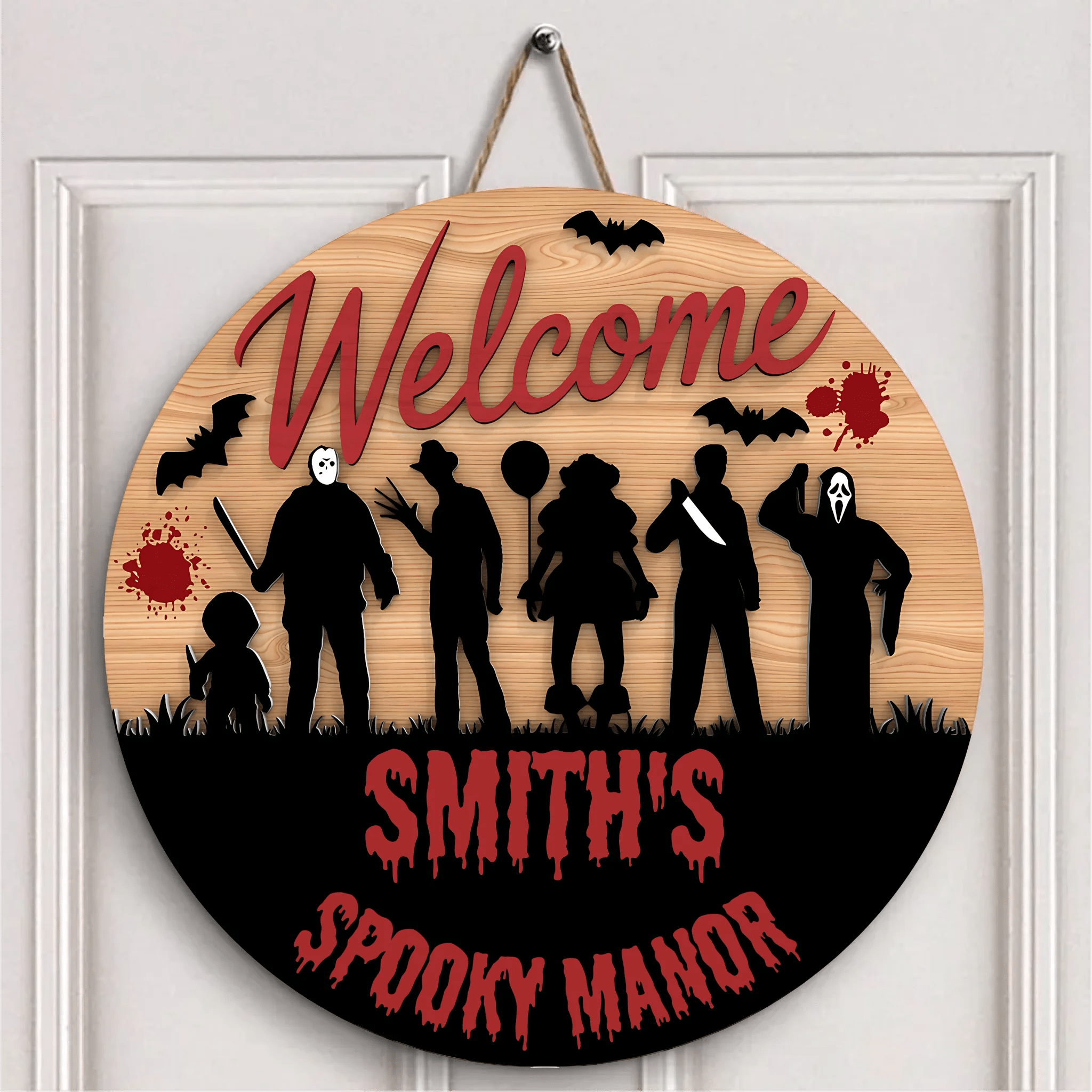 Silhouette Horror Customized Door Plate - Personalized Text Wooden Sign - OLESA