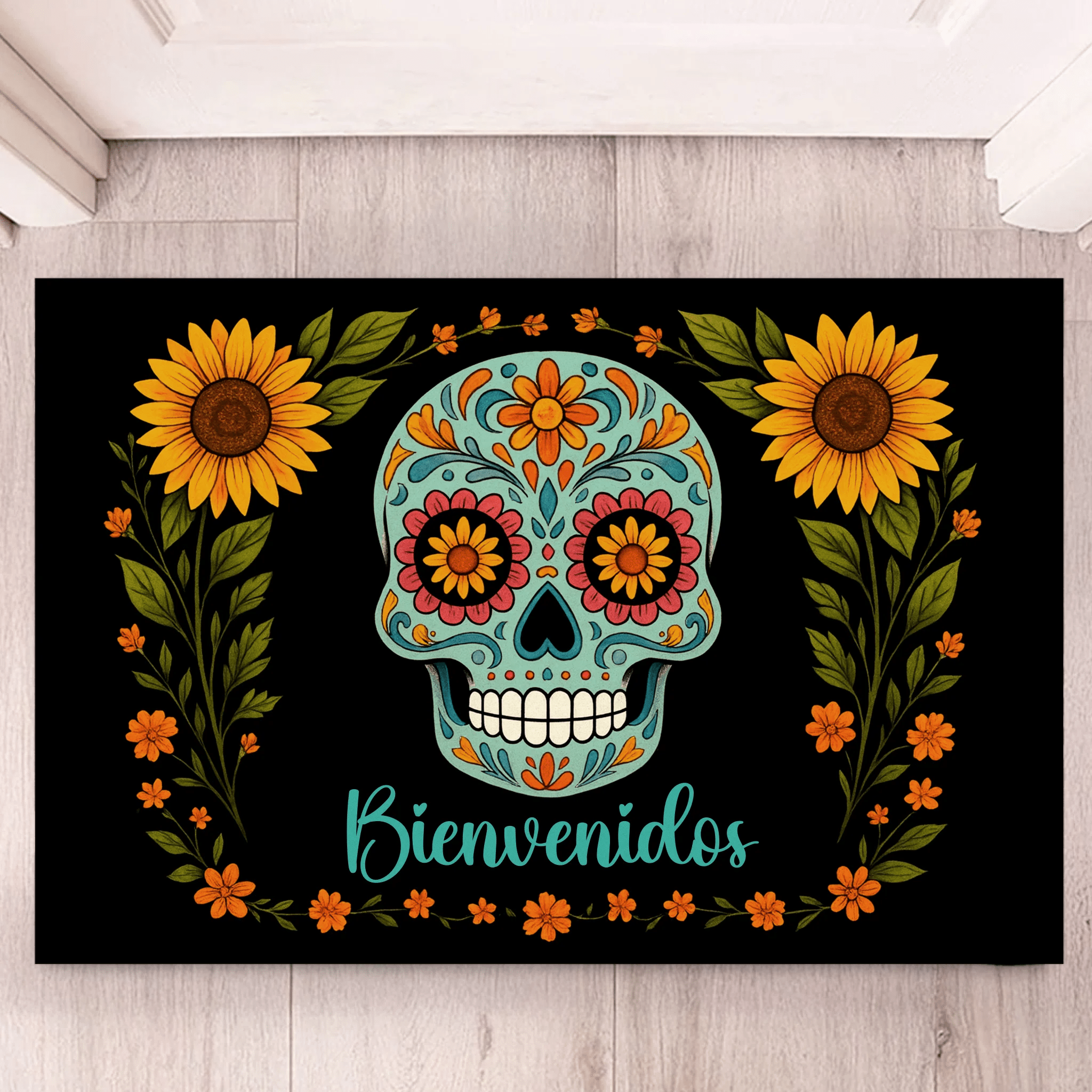 Skull Flower Custom - made Floor Mat - Personalized Name Door Mat - Halloween Decorations - OLESA