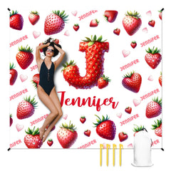 Strawberry - themed Beach Mat - Personalized Strawberry Initials and Name - Beach Fashion Item - OLESA