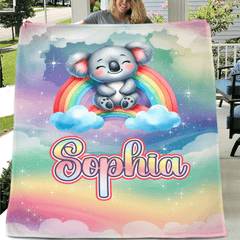 The Dreaming Koala On The Rainbow Custom Blanket - Personalized Name - Start The School Season - OLESA