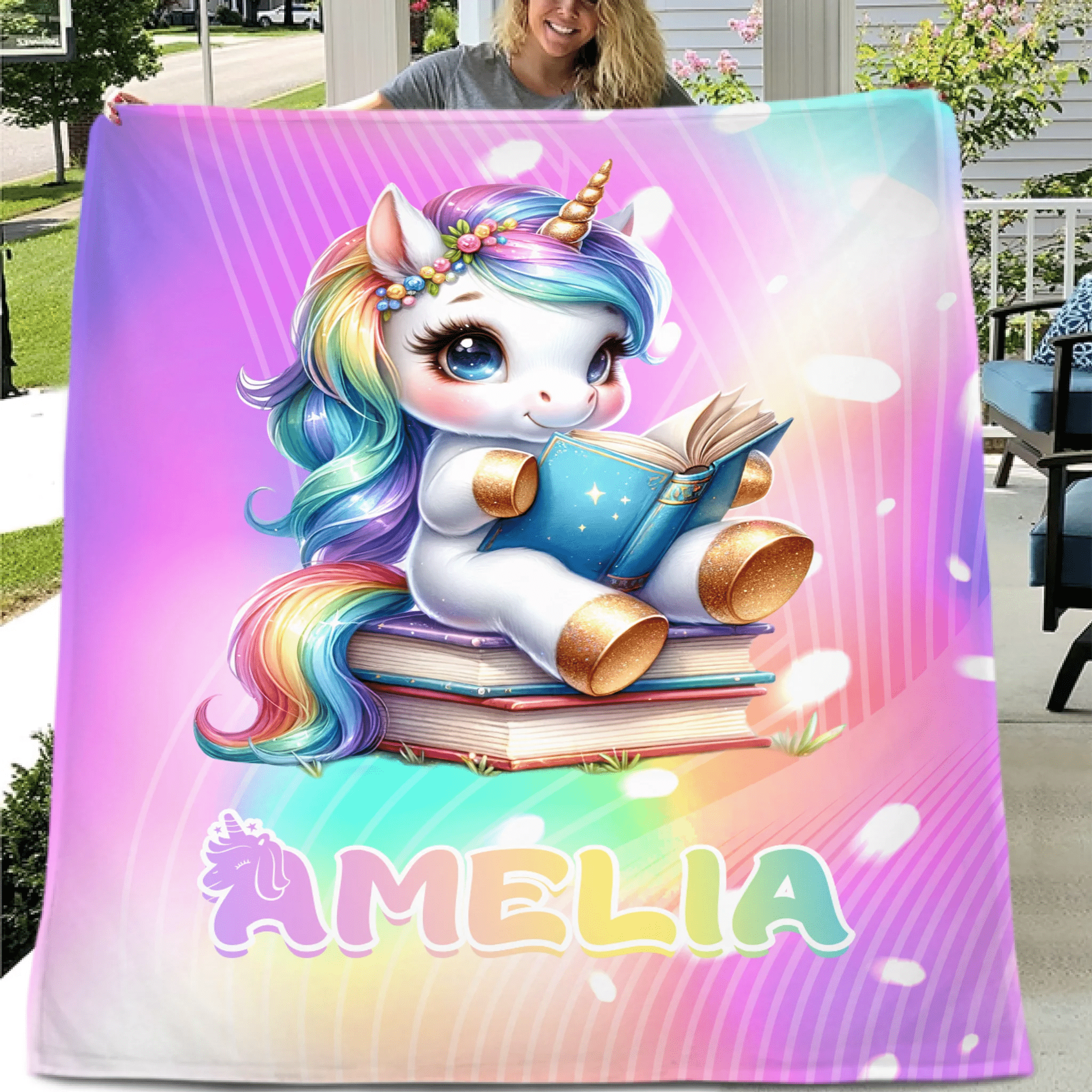Unicorn Reading Book Custom Blanket - Gift for Kid - OLESA