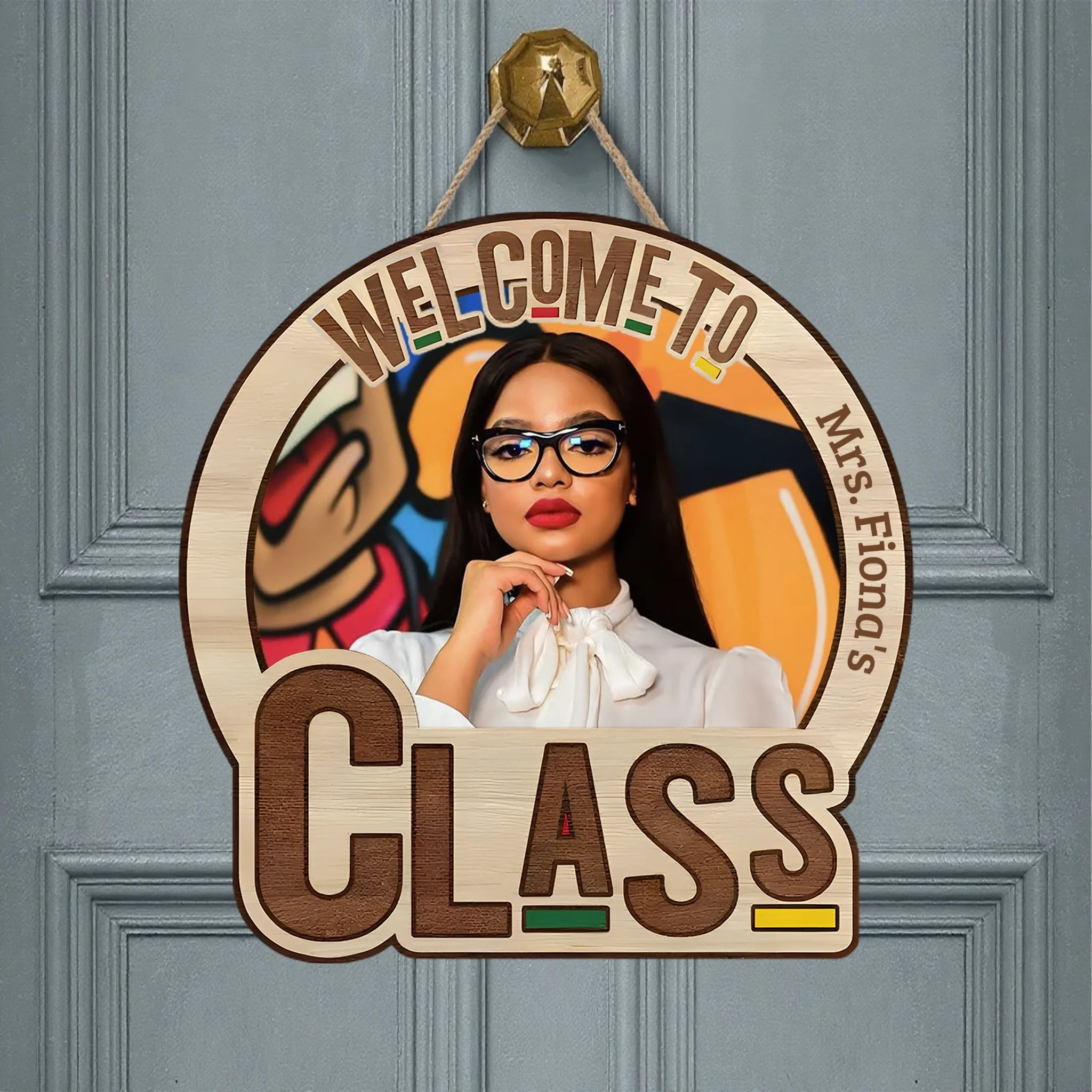 Welcome To My Class Customized Door Plate - Personalized Name and Photo Wood Sign - Teacher's Day Gift - OLESA