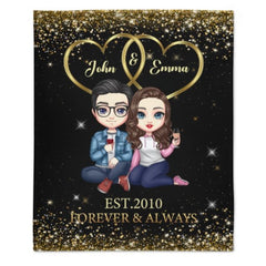 Doll Couple Sitting Gift For Him For Her Personalized Fleece Blanket - OLESA