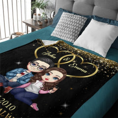 Doll Couple Sitting Gift For Him For Her Personalized Fleece Blanket - OLESA