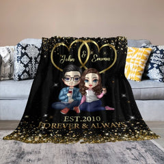 Doll Couple Sitting Gift For Him For Her Personalized Fleece Blanket - OLESA