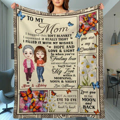 Feel My Love Within Hugging Cartoon Mom Daughter Flower Butterfly Personalized Fleece Blanket - OLESA