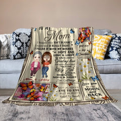 Feel My Love Within Hugging Cartoon Mom Daughter Flower Butterfly Personalized Fleece Blanket - OLESA