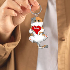 Fluffy Cat Holding Heart Personalized Acrylic Keychain - OLESA