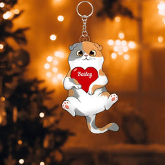 Fluffy Cat Holding Heart Personalized Acrylic Keychain - OLESA