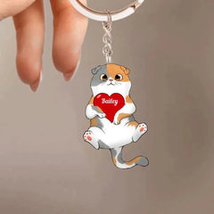 Fluffy Cat Holding Heart Personalized Acrylic Keychain - OLESA