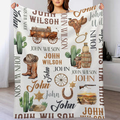 Free shipping✈️Custom Western Name Baby Blanket, Personalized Cowboy Cactus Baby Blanket - OLESA