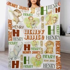 Free shipping✈️Personalized Baby Blankets for Boys with Name, Custom Animal - Gift Baby, Cute Monkey, Turtle, Lion And Elephant Jungle Blanket - OLESA