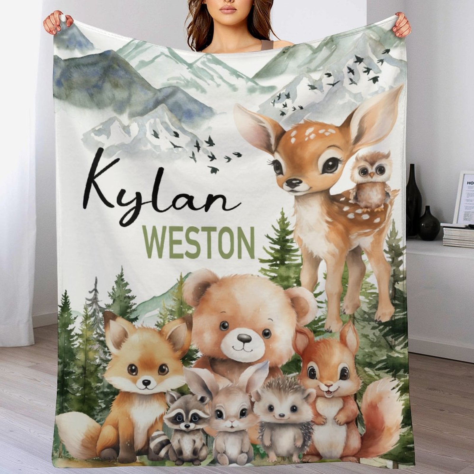 Free shipping✈️Personalized Baby Blankets With Name, Woodland Animal Photo Blanket - OLESA