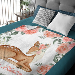 Free Shipping✈️Personalized Girl Woodland Peach Floral Deer Baby Blanket - OLESA
