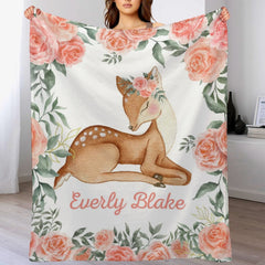 Free Shipping✈️Personalized Girl Woodland Peach Floral Deer Baby Blanket - OLESA