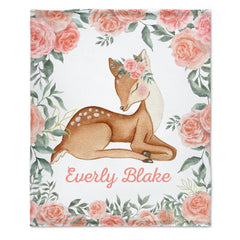 Free Shipping✈️Personalized Girl Woodland Peach Floral Deer Baby Blanket - OLESA
