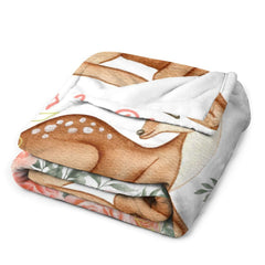 Free Shipping✈️Personalized Girl Woodland Peach Floral Deer Baby Blanket - OLESA