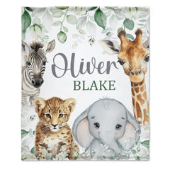 Free shipping✈️Safari Animals Baby Blanket, Jungle Greenery Eucalyptus Leaves Personalized Boy Girl Name Blanket - OLESA