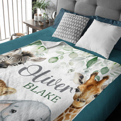 Free shipping✈️Safari Animals Baby Blanket, Jungle Greenery Eucalyptus Leaves Personalized Boy Girl Name Blanket - OLESA