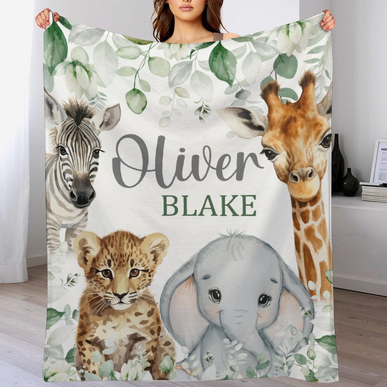 Free shipping✈️Safari Animals Baby Blanket, Jungle Greenery Eucalyptus Leaves Personalized Boy Girl Name Blanket - OLESA