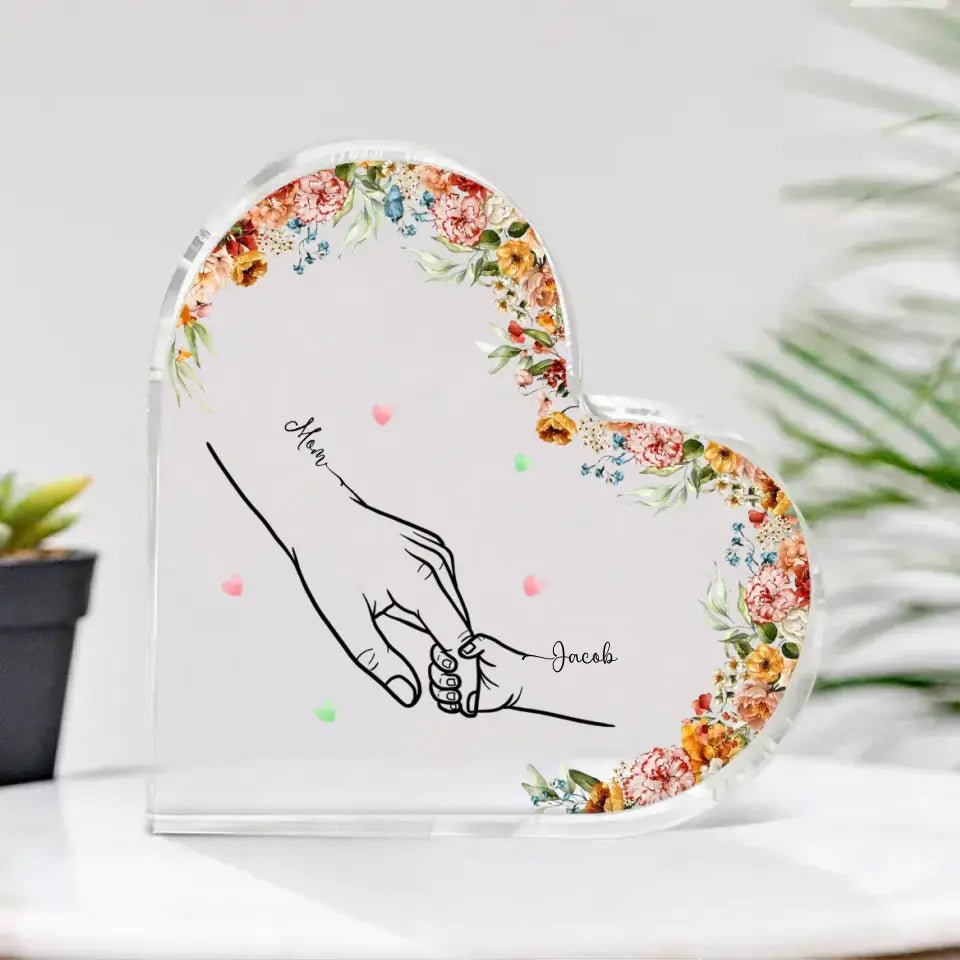 Mom Holding Children Hands Personalized Heart Acrylic Plaque - OLESA