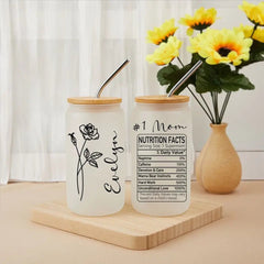 Mom Nutrition Facts Custom Birthday Flowers - Personalized Clear Glass Can - OLESA
