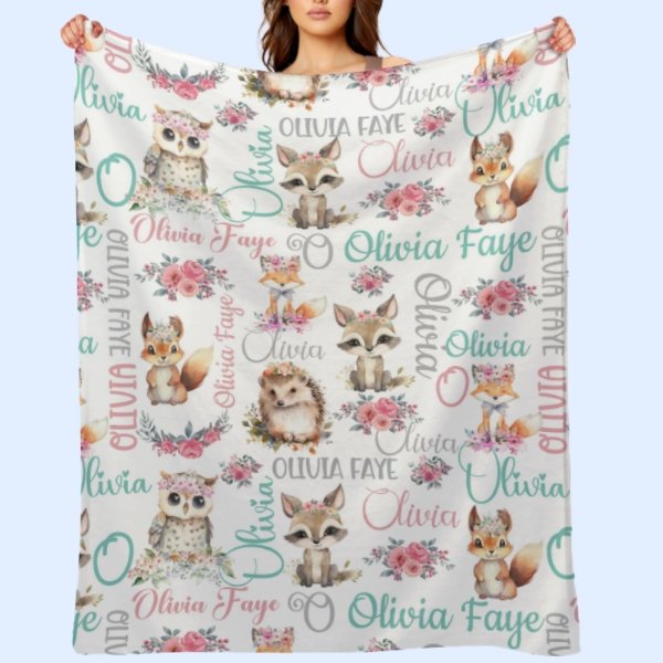 Personalized Baby Woodland Animals Name Blanket - Gift for baby - OLESA