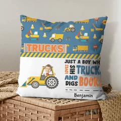 Personalized Custom Photo Pillow - Boy Loves Trucks And Digs Books - OLESA