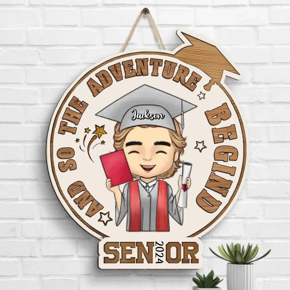 Personalized Shaped Wood Sign - The Adventure Begins - Graduation Gift - OLESA
