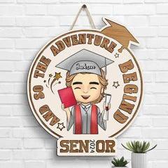 Personalized Shaped Wood Sign - The Adventure Begins - Graduation Gift - OLESA