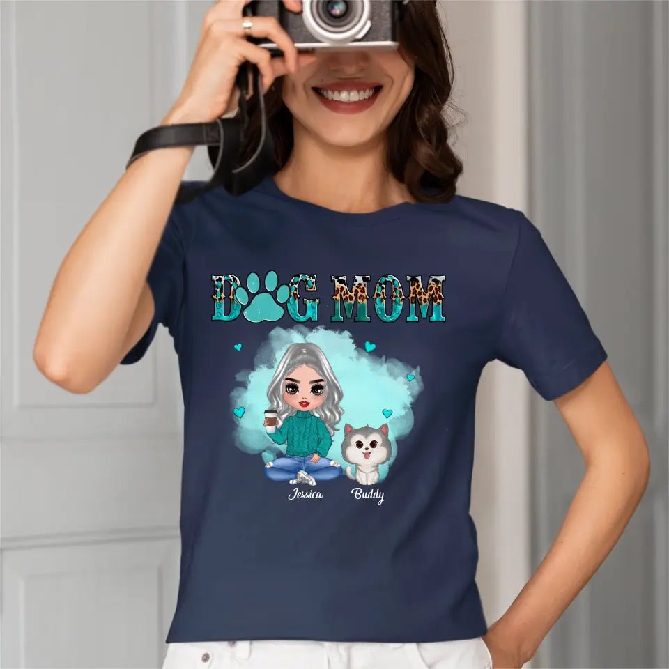 Watercolor Cute Dogs Teal And Leopard Dog Mom Personalized Shirt - OLESA